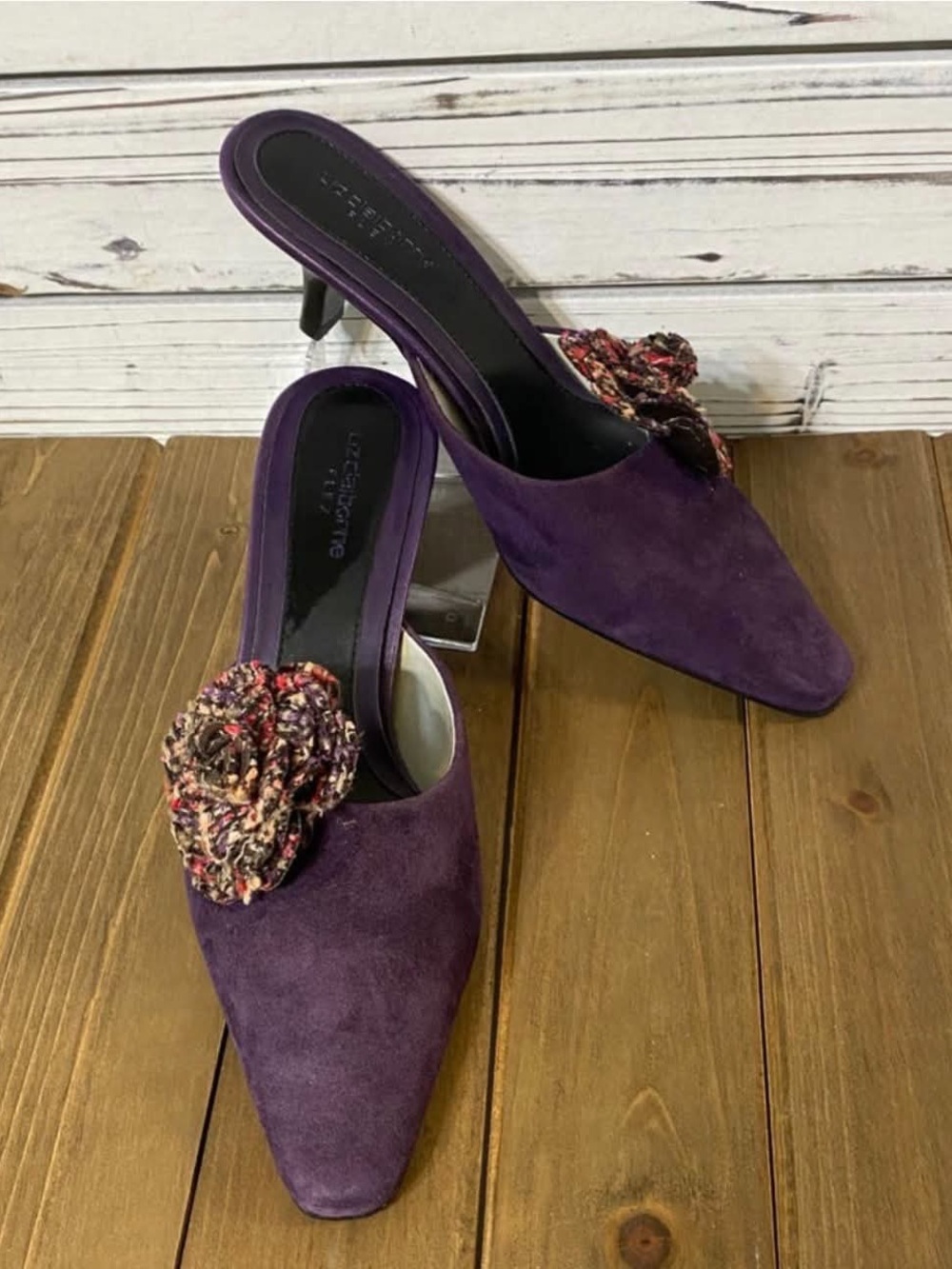 Liz Claiborne Purple Suede Pointed-Toe Mules with Floral Accent